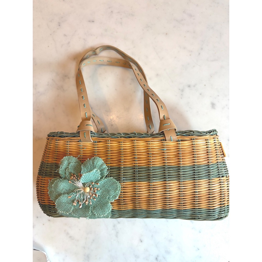 Alma Tonutti Wicker Handbag Made in Italy Teal Tan Woven Tote with Burlap Flower
